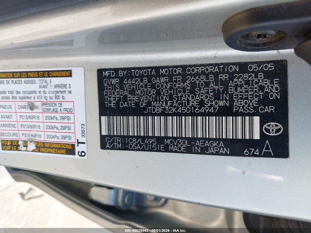 JTDBF32K450164947 2005 TOYOTA CAMRY photo no. 9