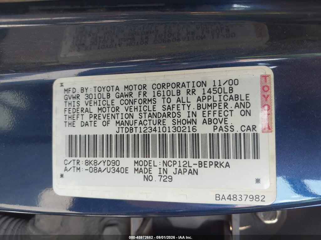 JTDBT123410130216 2001 TOYOTA ECHO photo no. 9