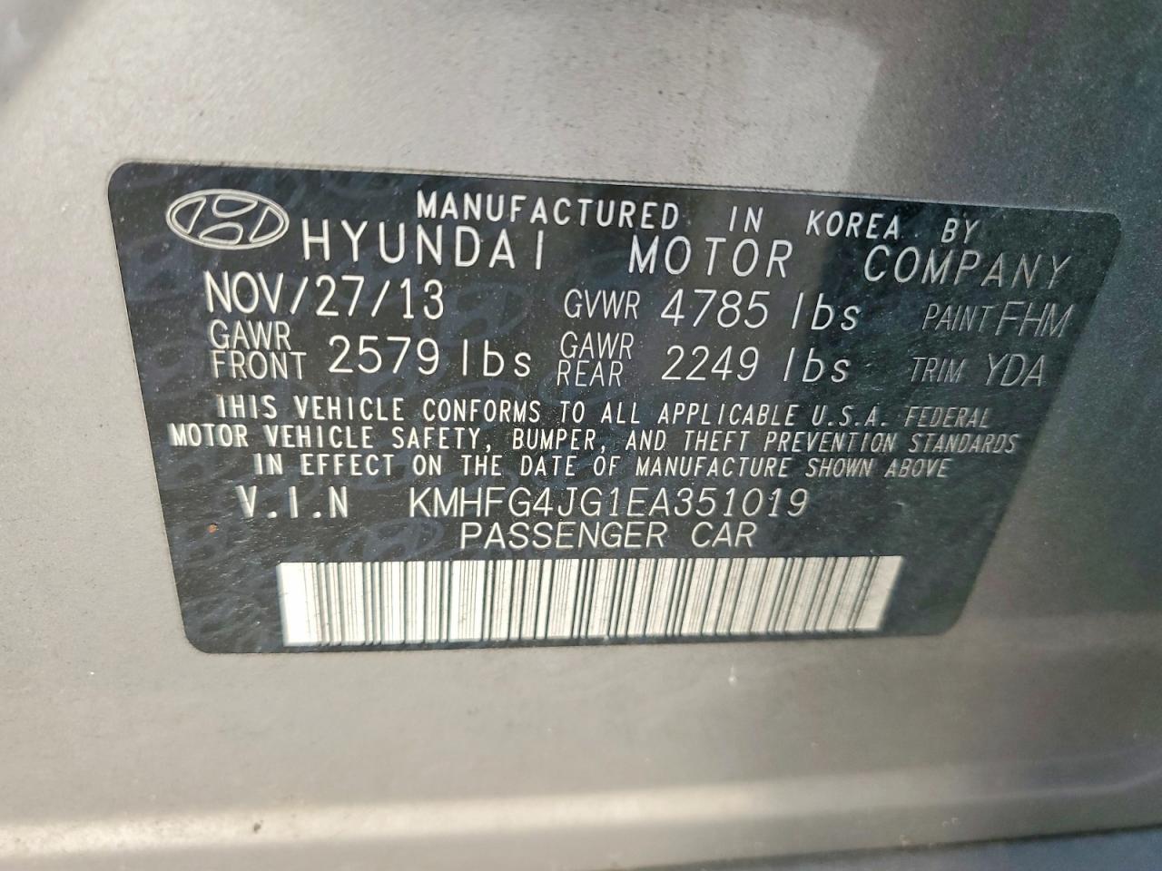 KMHFG4JG1EA351019 2014 HYUNDAI AZERA photo no. 12