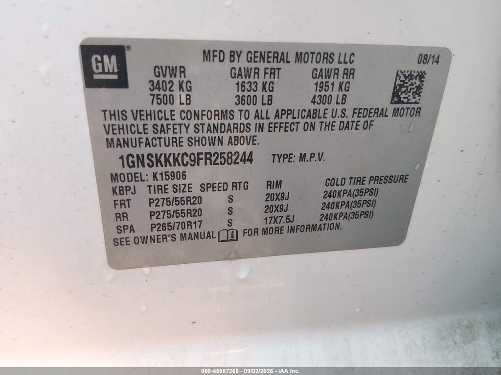 1GNSKKKC9FR258244 2015 CHEVROLET SUBURBAN photo no. 9