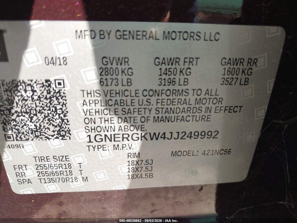 1GNERGKW4JJ249992 2018 CHEVROLET TRAVERSE photo no. 9