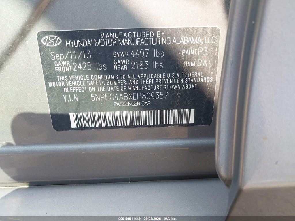 5NPEC4ABXEH809357 2014 HYUNDAI SONATA photo no. 9