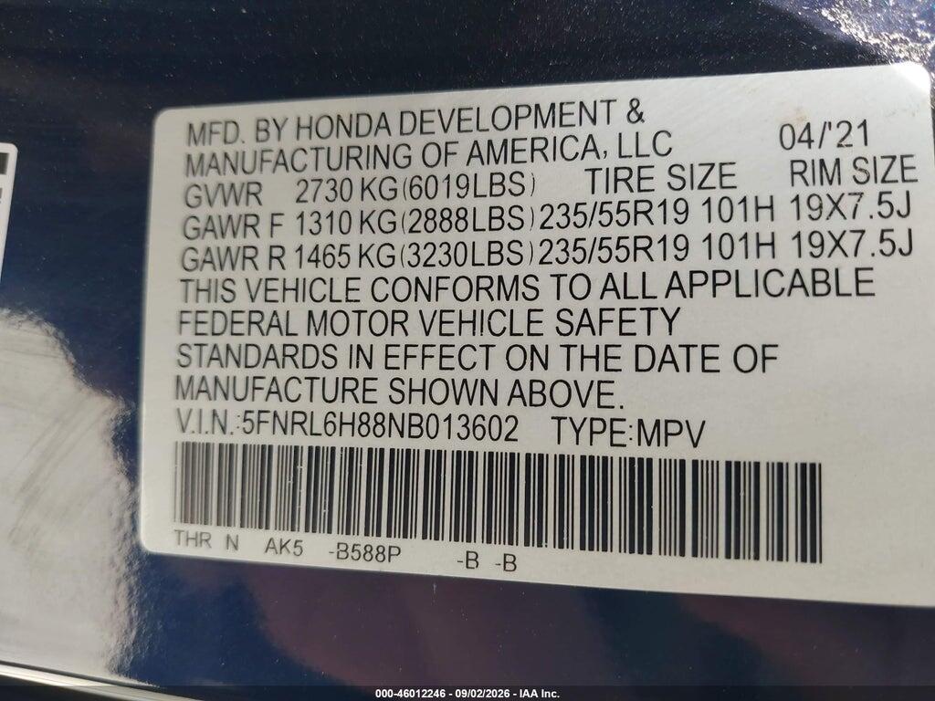 5FNRL6H88NB013602 2022 HONDA ODYSSEY photo no. 9