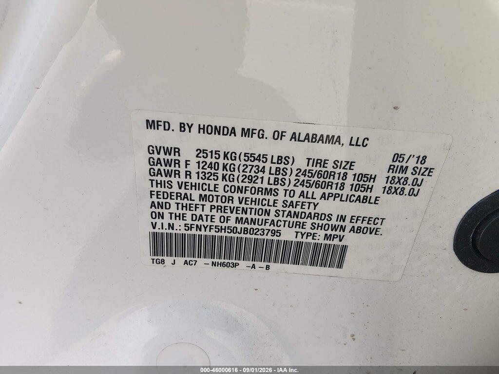 5FNYF5H50JB023795 2018 HONDA PILOT photo no. 9