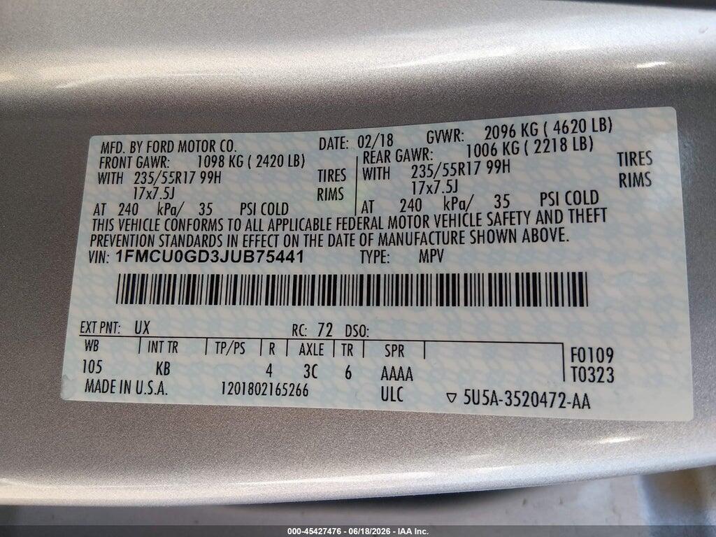 1FMCU0GD3JUB75441 2018 FORD ESCAPE photo no. 9
