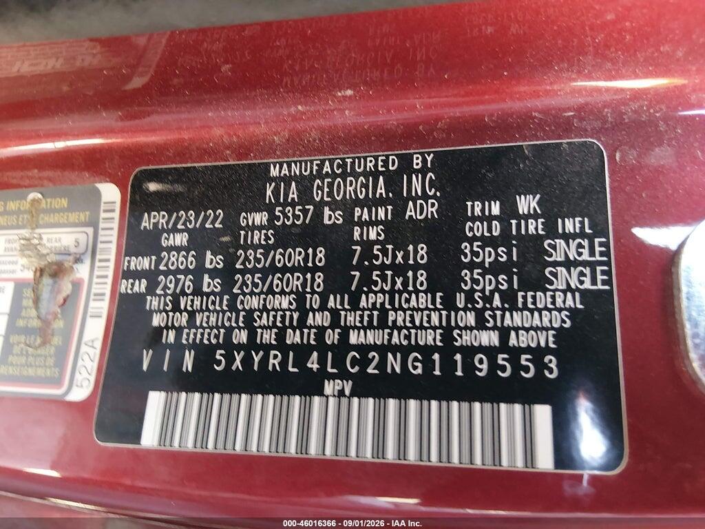 5XYRL4LC2NG119553 2022 KIA SORENTO photo no. 9