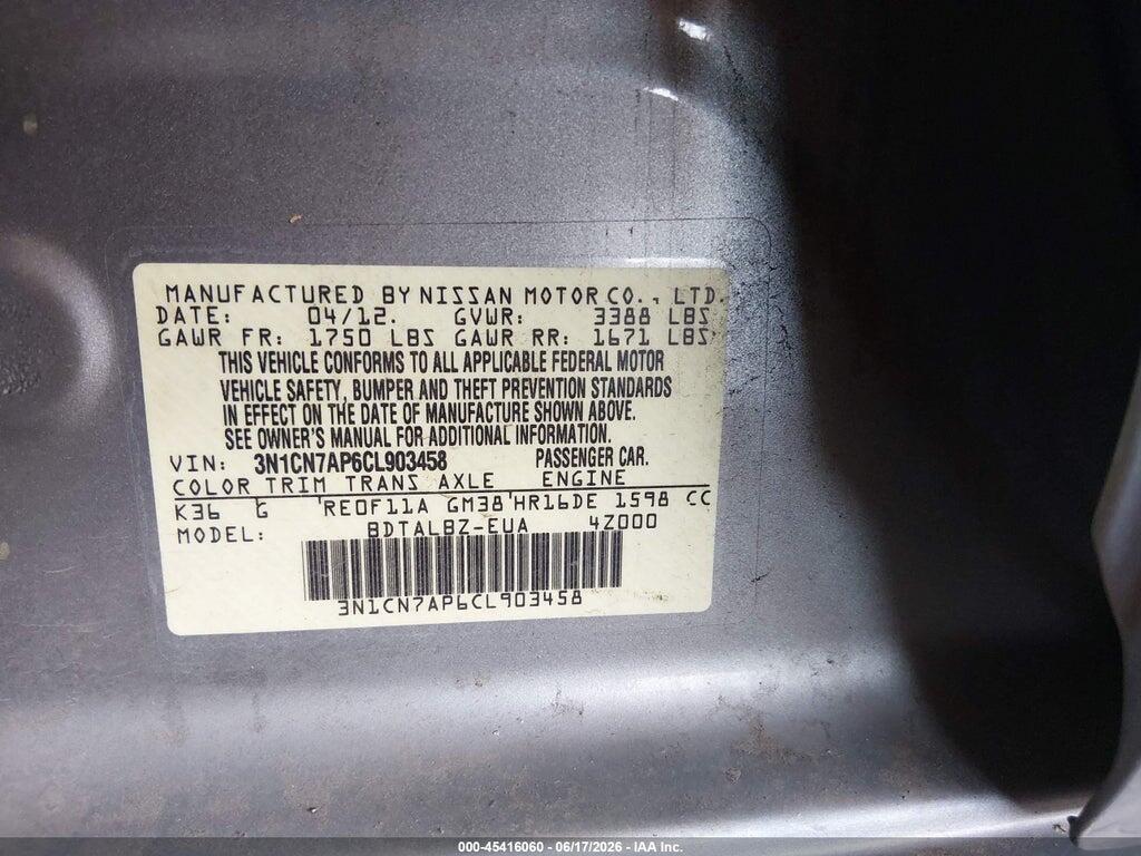 3N1CN7AP6CL903458 2012 NISSAN VERSA photo no. 9
