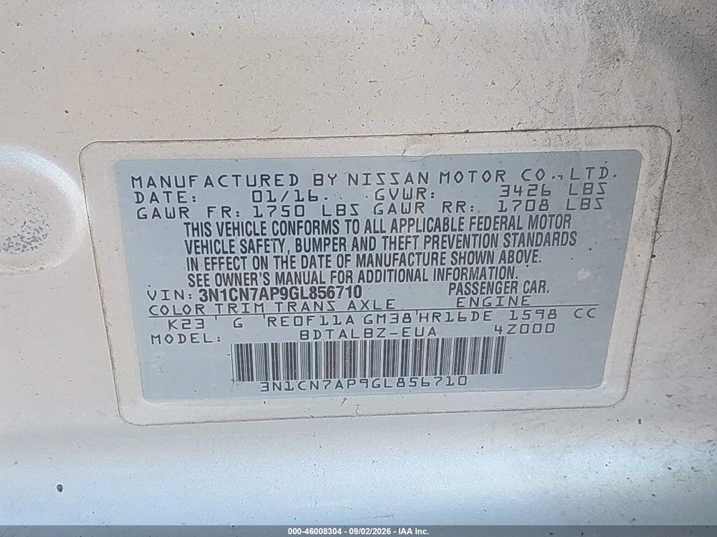 3N1CN7AP9GL856710 2016 NISSAN VERSA photo no. 9