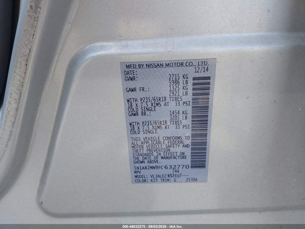 5N1AR2MN9FC632770 2015 NISSAN PATHFINDER photo no. 9