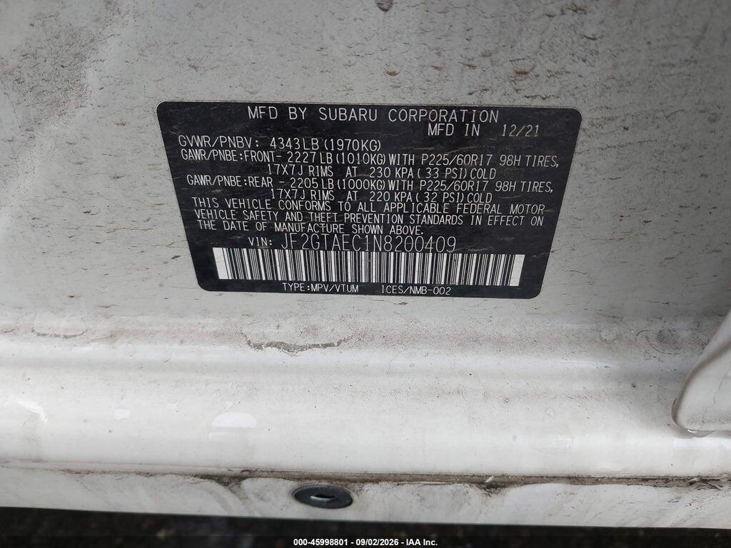 JF2GTAEC1N8200409 2022 SUBARU CROSSTREK photo no. 9