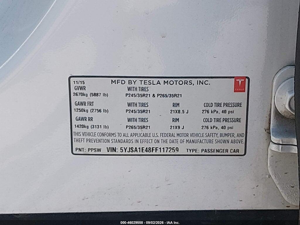 5YJSA1E48FF117259 2015 TESLA MODEL S photo no. 9