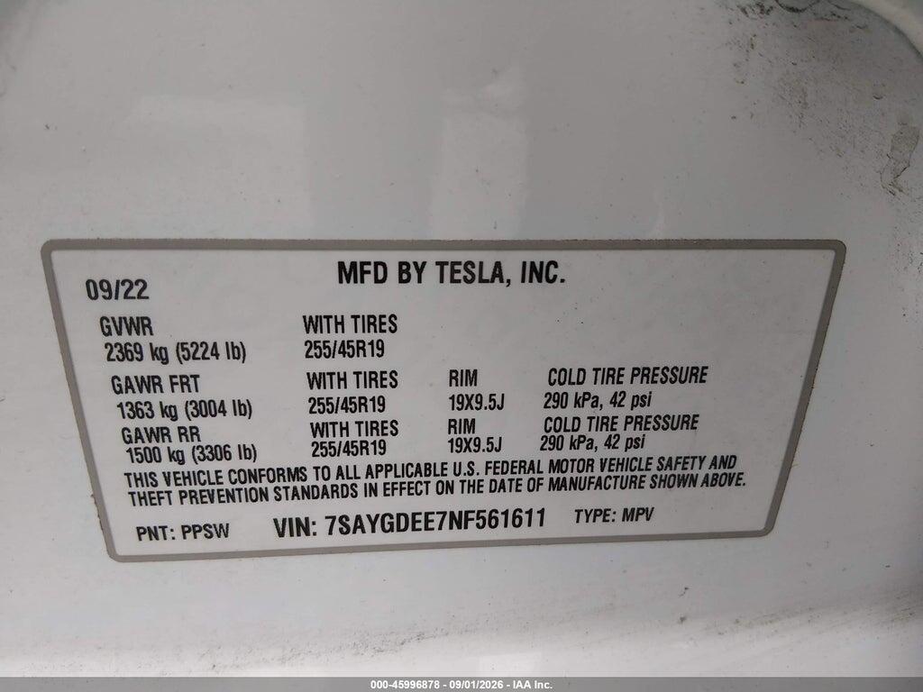7SAYGDEE7NF561611 2022 TESLA MODEL Y photo no. 9