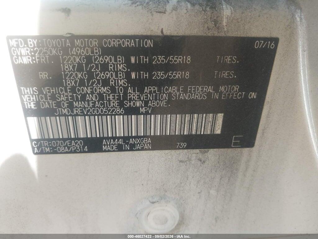 JTMDJREV2GD052286 2016 TOYOTA RAV4 HYBRID photo no. 9