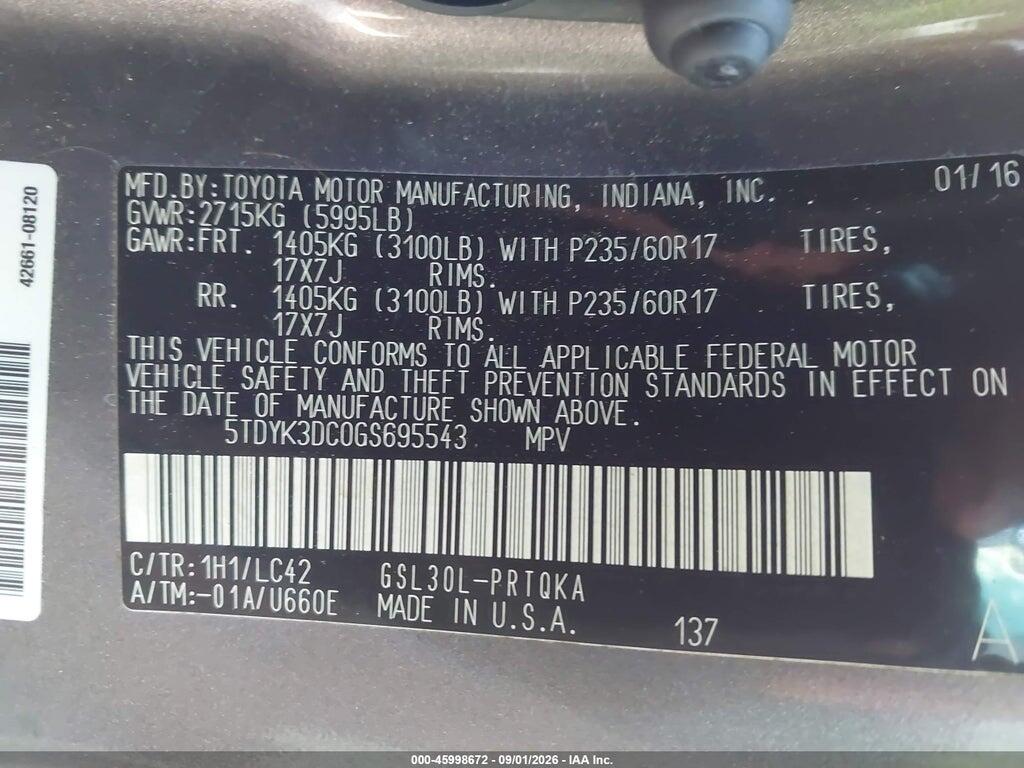 5TDYK3DC0GS695543 2016 TOYOTA SIENNA photo no. 9