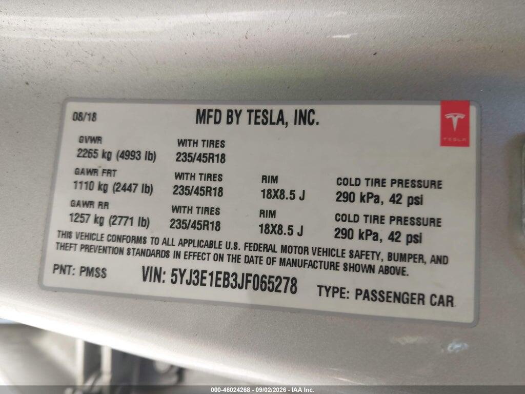 5YJ3E1EB3JF065278 2018 TESLA MODEL 3 photo no. 9