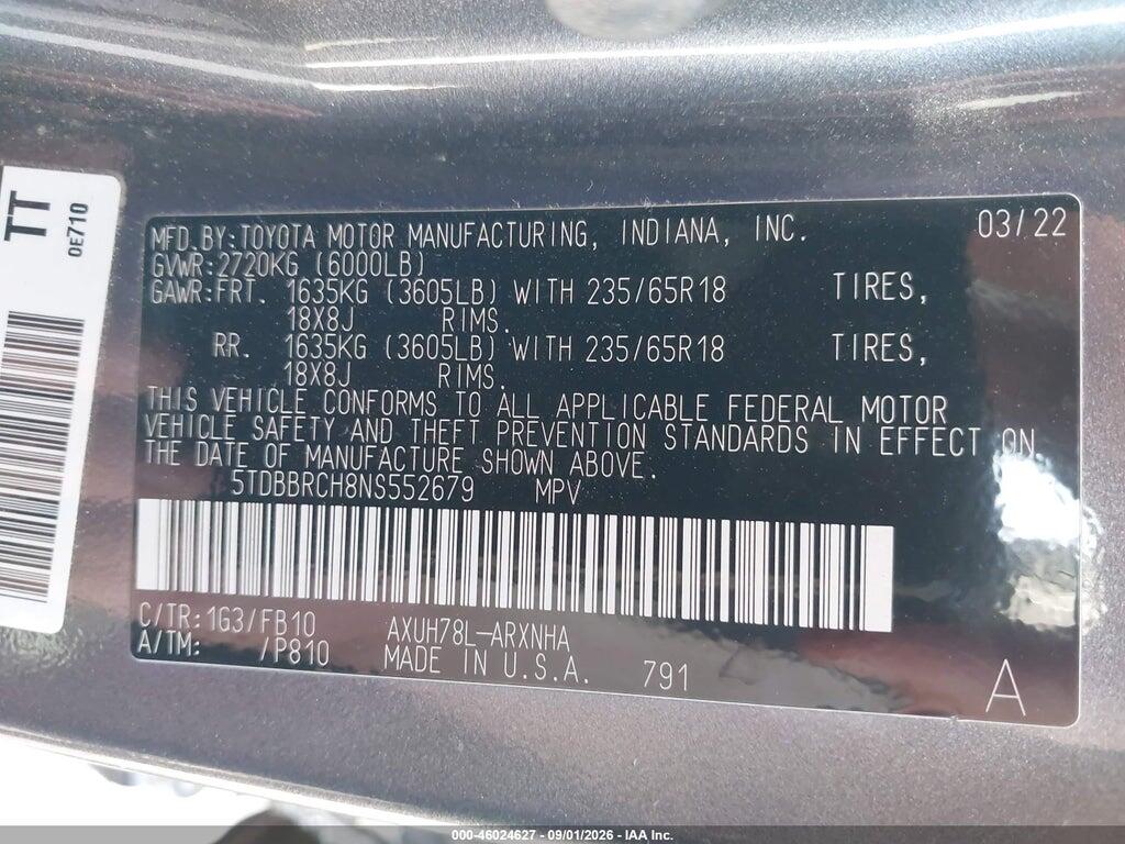 5TDBBRCH8NS552679 2022 TOYOTA HIGHLANDER photo no. 9