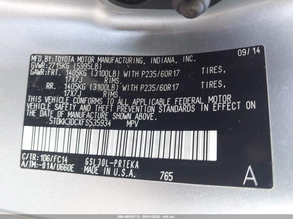 5TDKK3DCXFS535934 2015 TOYOTA SIENNA photo no. 9