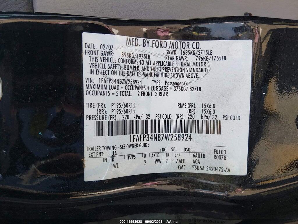 1FAFP34N87W258924 2007 FORD FOCUS photo no. 9