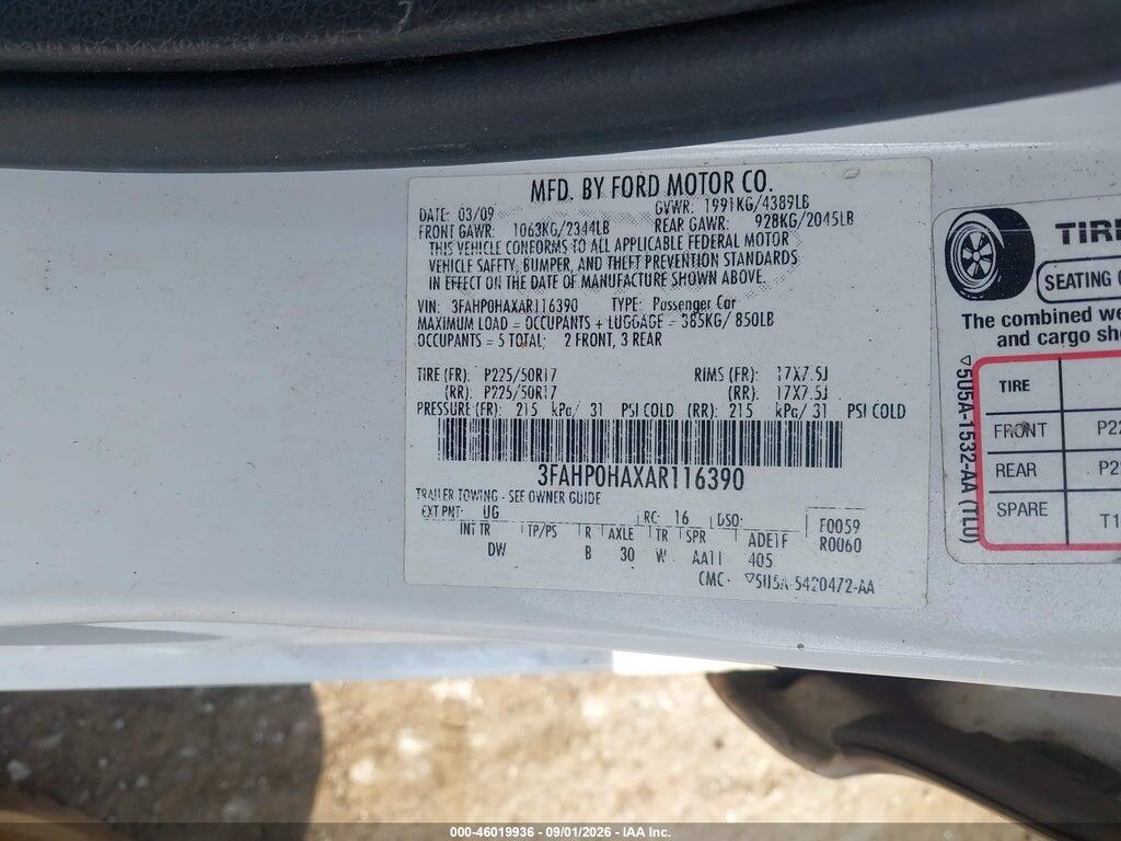 3FAHP0HAXAR116390 2010 FORD FUSION photo no. 9