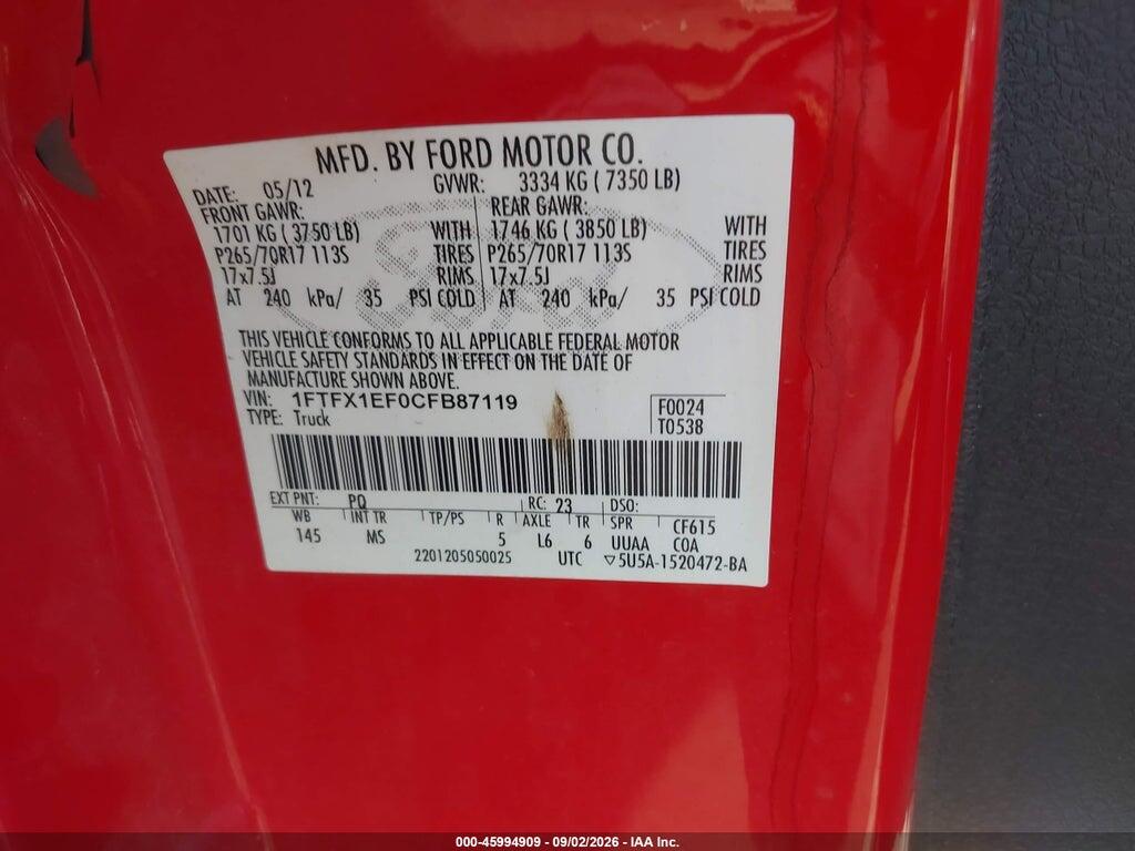 1FTFX1EF0CFB87119 2012 FORD F-150 photo no. 9