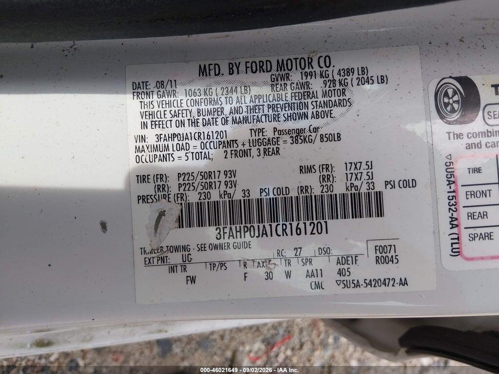 3FAHP0JA1CR161201 2012 FORD FUSION photo no. 9