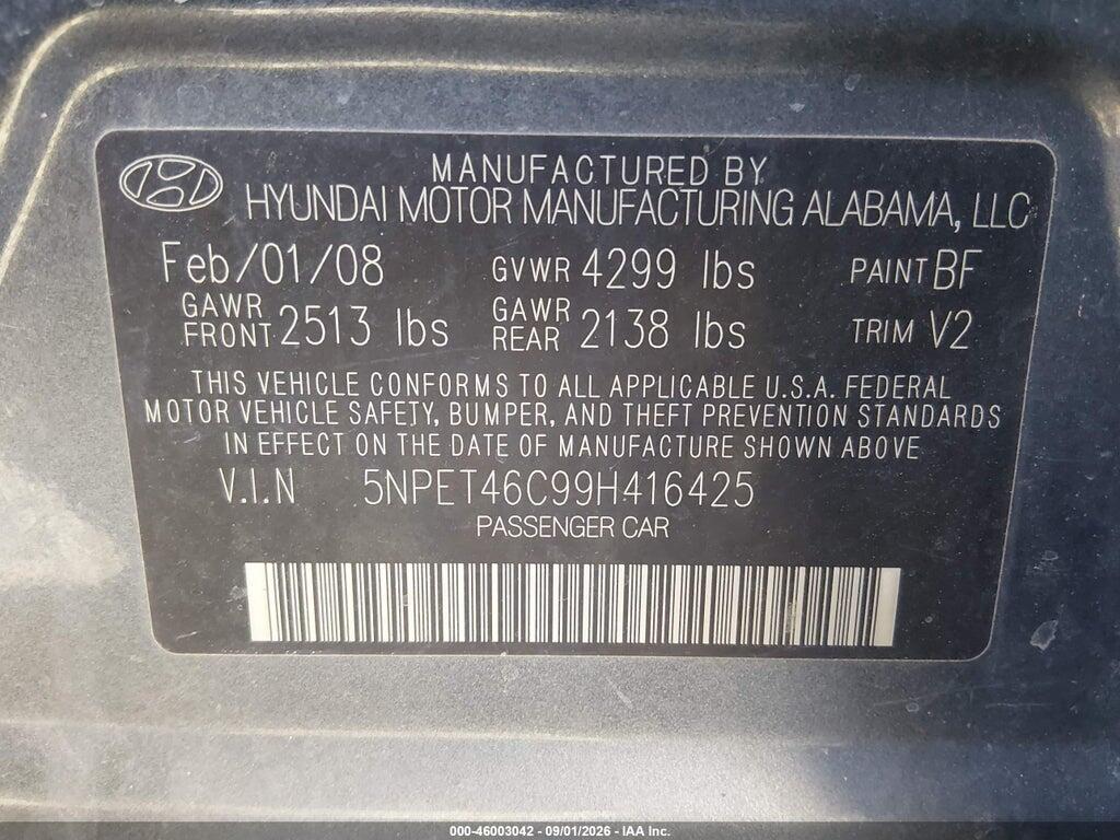 5NPET46C99H416425 2009 HYUNDAI SONATA photo no. 9