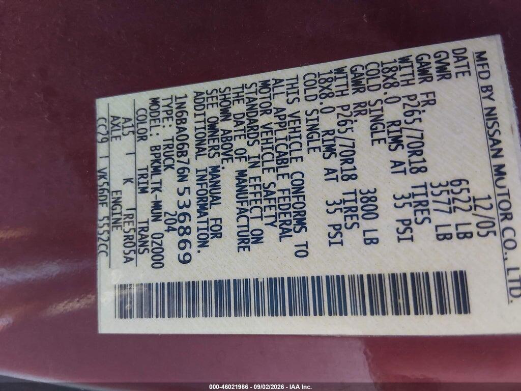 1N6BA06B76N536869 2006 NISSAN TITAN photo no. 9