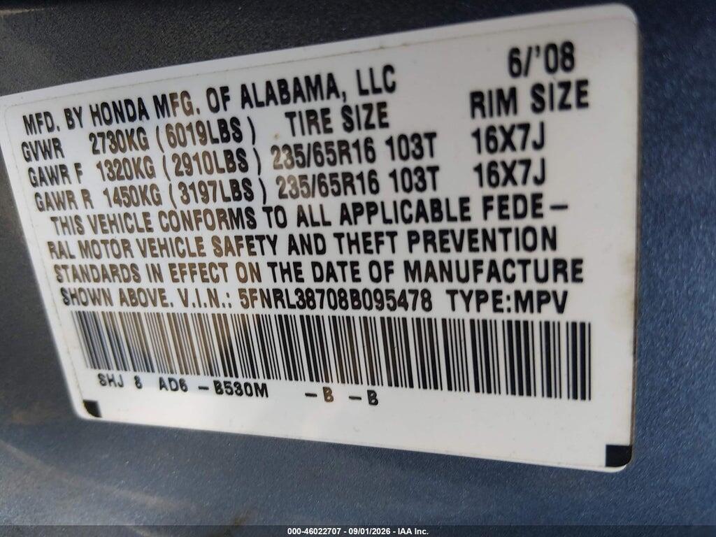 5FNRL38708B095478 2008 HONDA ODYSSEY photo no. 9