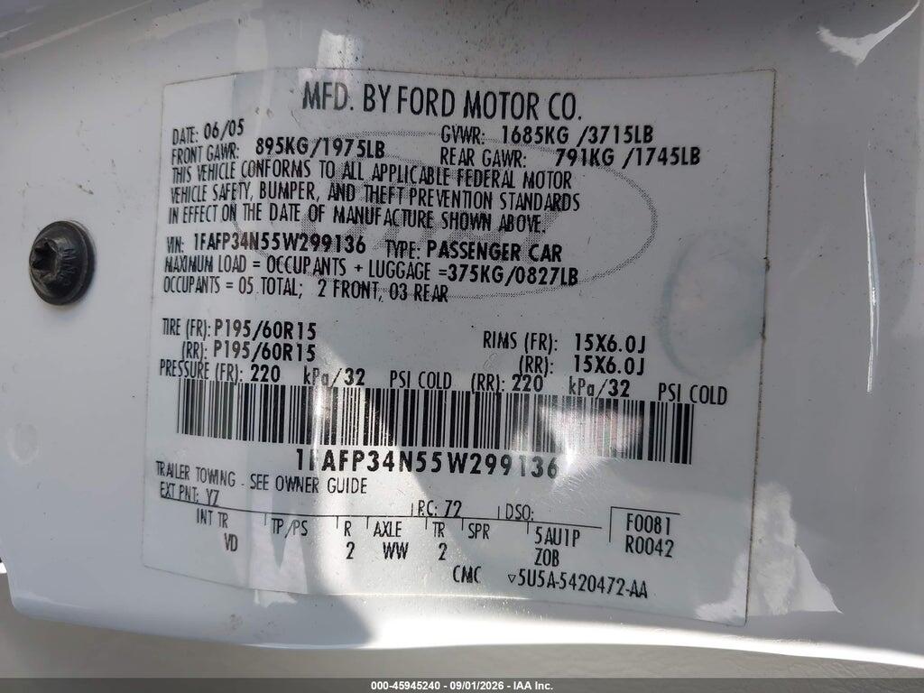 1FAFP34N55W299136 2005 FORD FOCUS photo no. 9