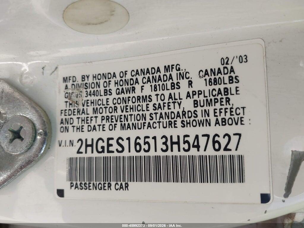 2HGES16513H547627 2003 HONDA CIVIC photo no. 9