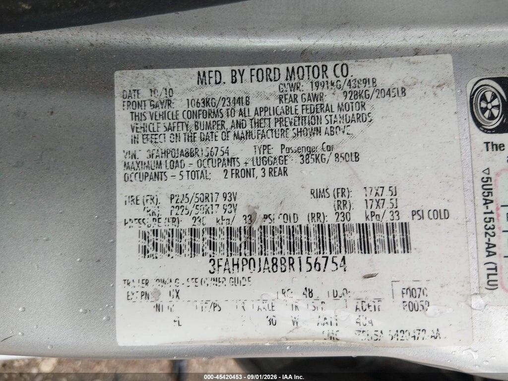 3FAHP0JA8BR156754 2011 FORD FUSION photo no. 9