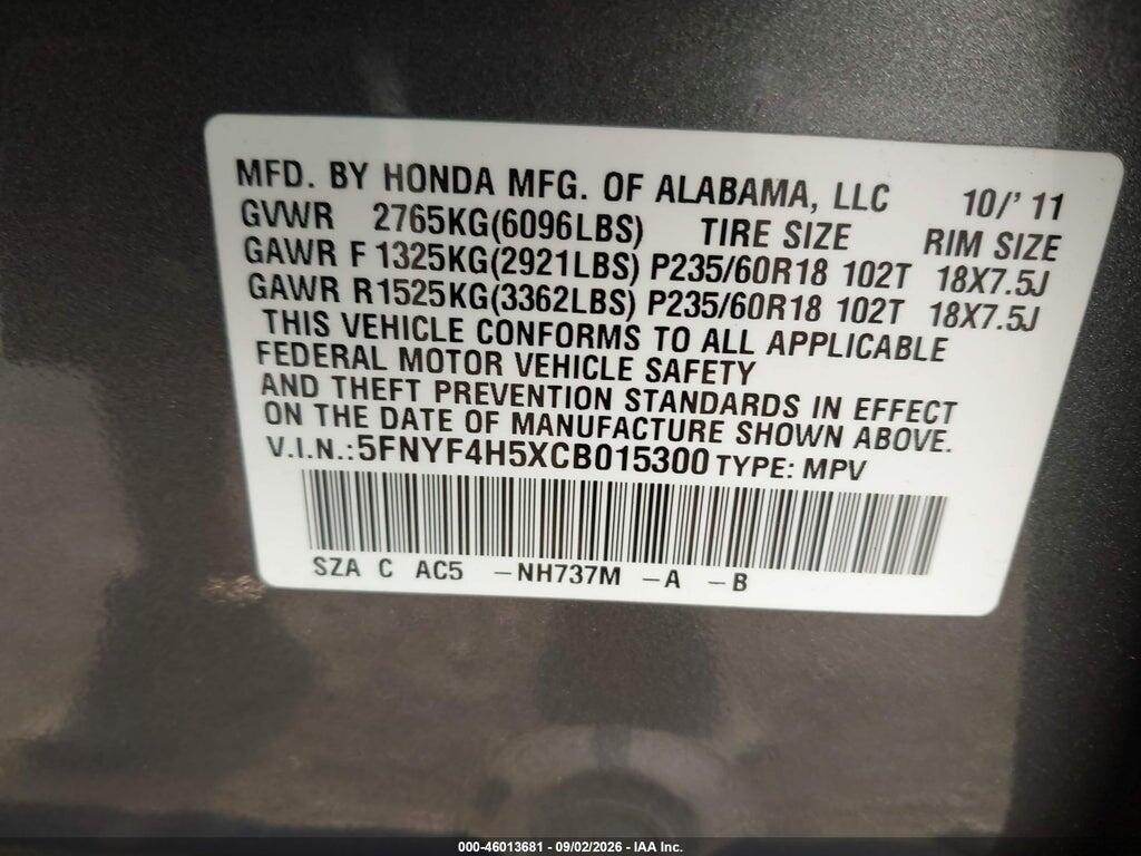 5FNYF4H5XCB015300 2012 HONDA PILOT photo no. 9