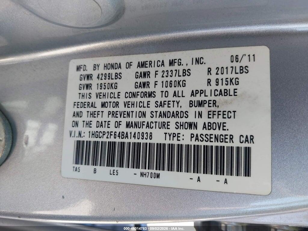 1HGCP2F64BA140938 2011 HONDA ACCORD photo no. 9
