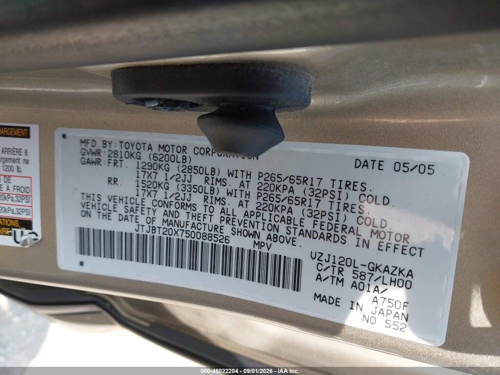 JTJBT20X750088526 2005 LEXUS GX 470 photo no. 9