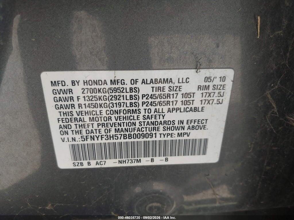 5FNYF3H57BB009091 2011 HONDA PILOT photo no. 9