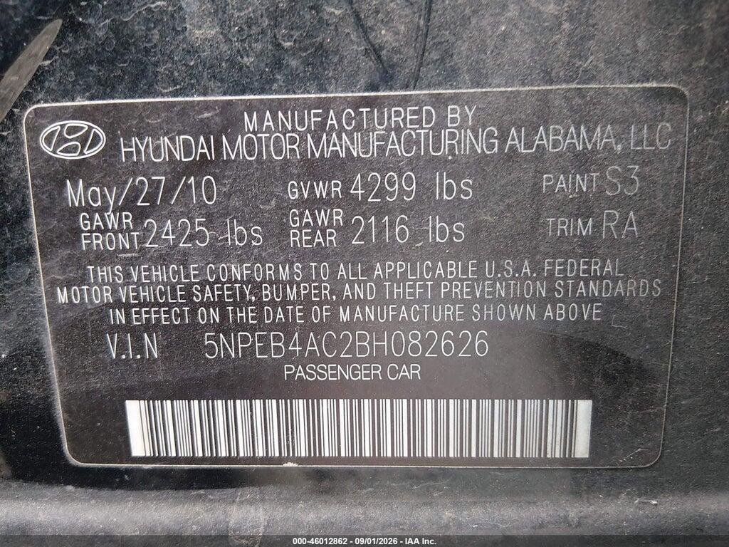 5NPEB4AC2BH082626 2011 HYUNDAI SONATA photo no. 9