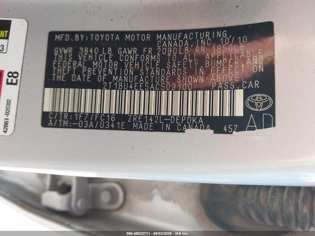 2T1BU4EE5AC509100 2010 TOYOTA COROLLA photo no. 9