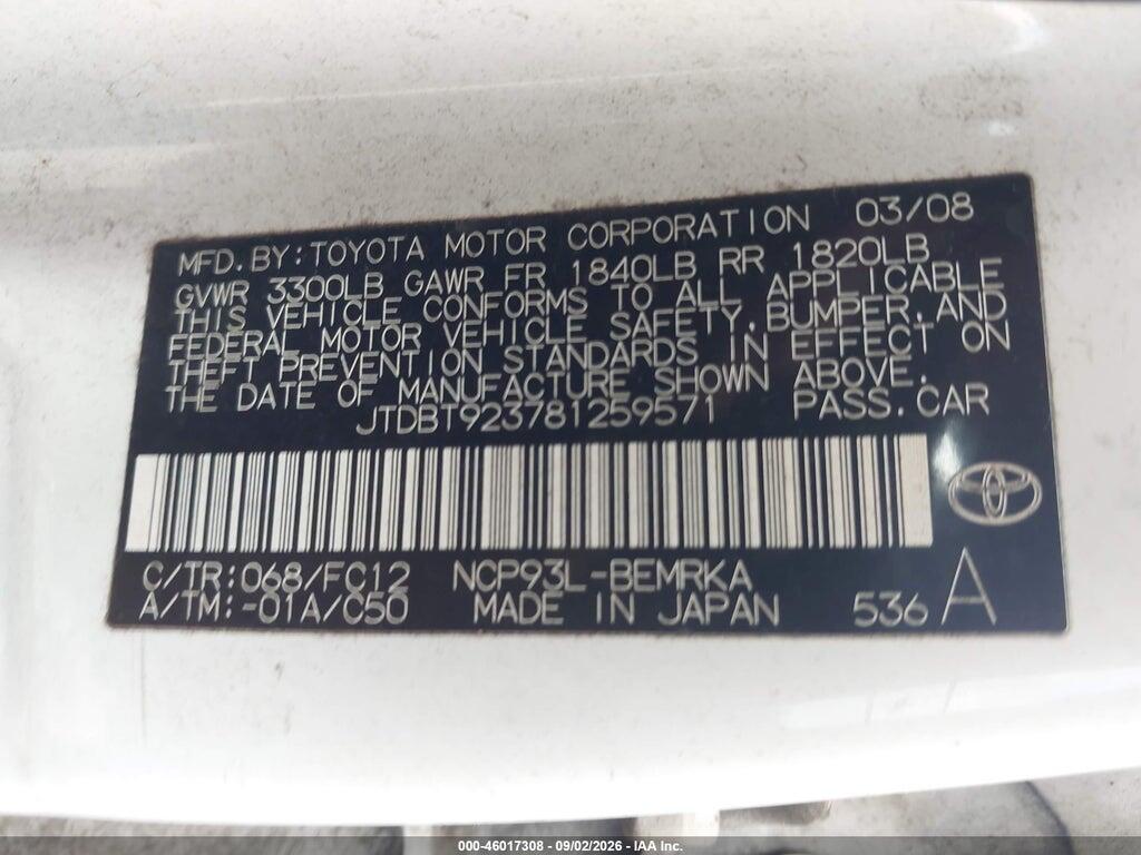 JTDBT923781259571 2008 TOYOTA YARIS photo no. 9