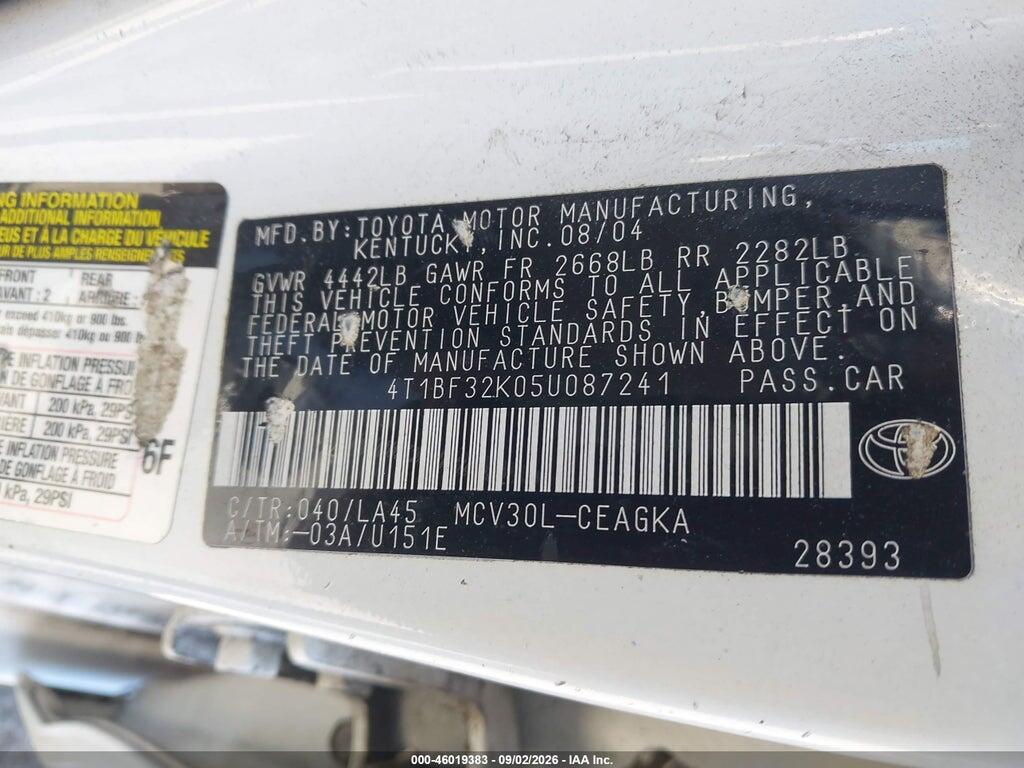 4T1BF32K05U087241 2005 TOYOTA CAMRY photo no. 9