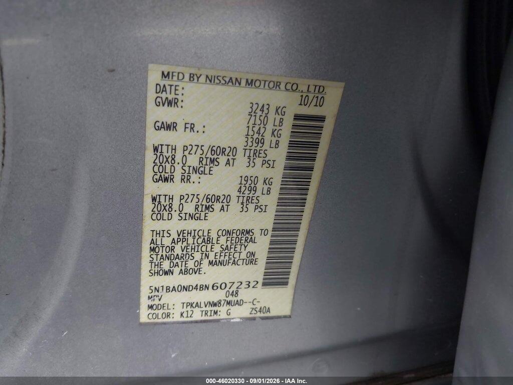 5N1BA0ND4BN607232 2011 NISSAN ARMADA photo no. 9