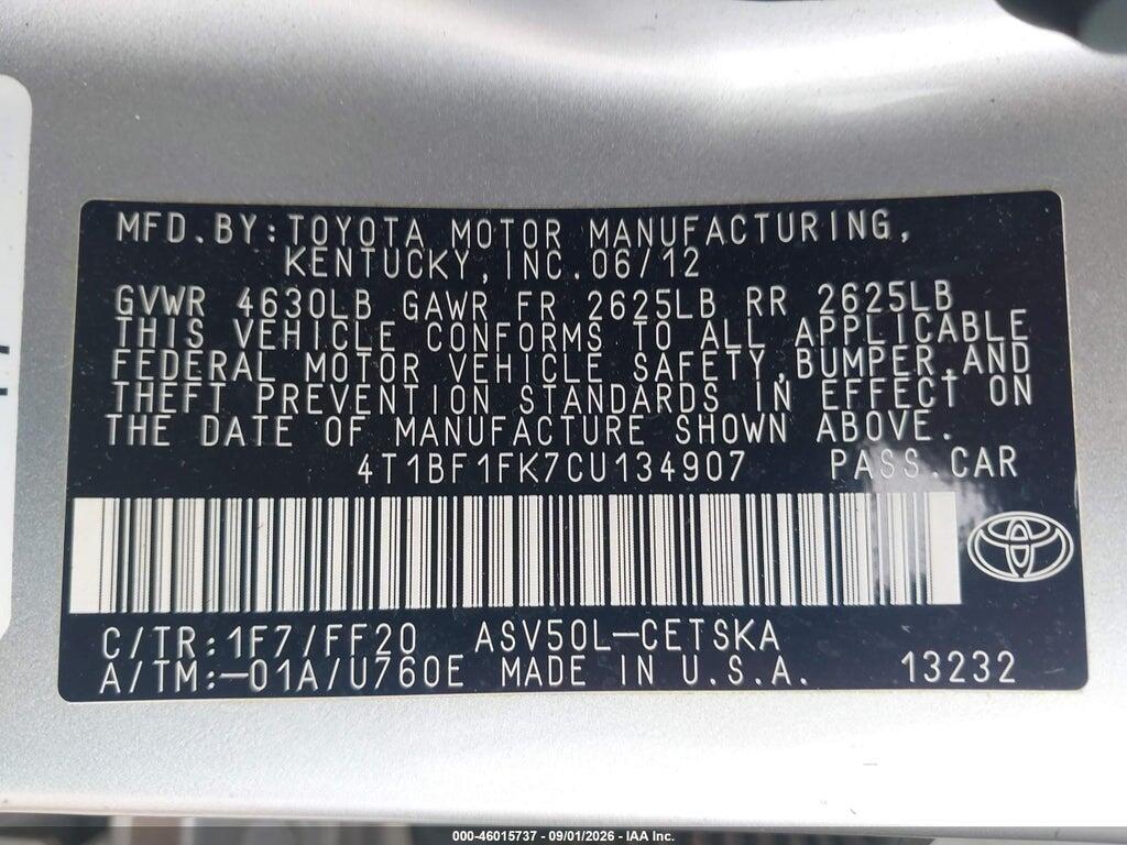 4T1BF1FK7CU134907 2012 TOYOTA CAMRY photo no. 9