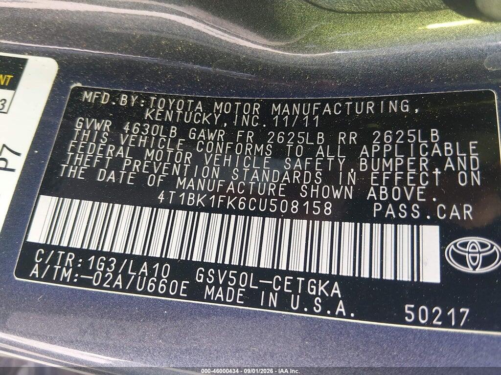 4T1BK1FK6CU508158 2012 TOYOTA CAMRY photo no. 9