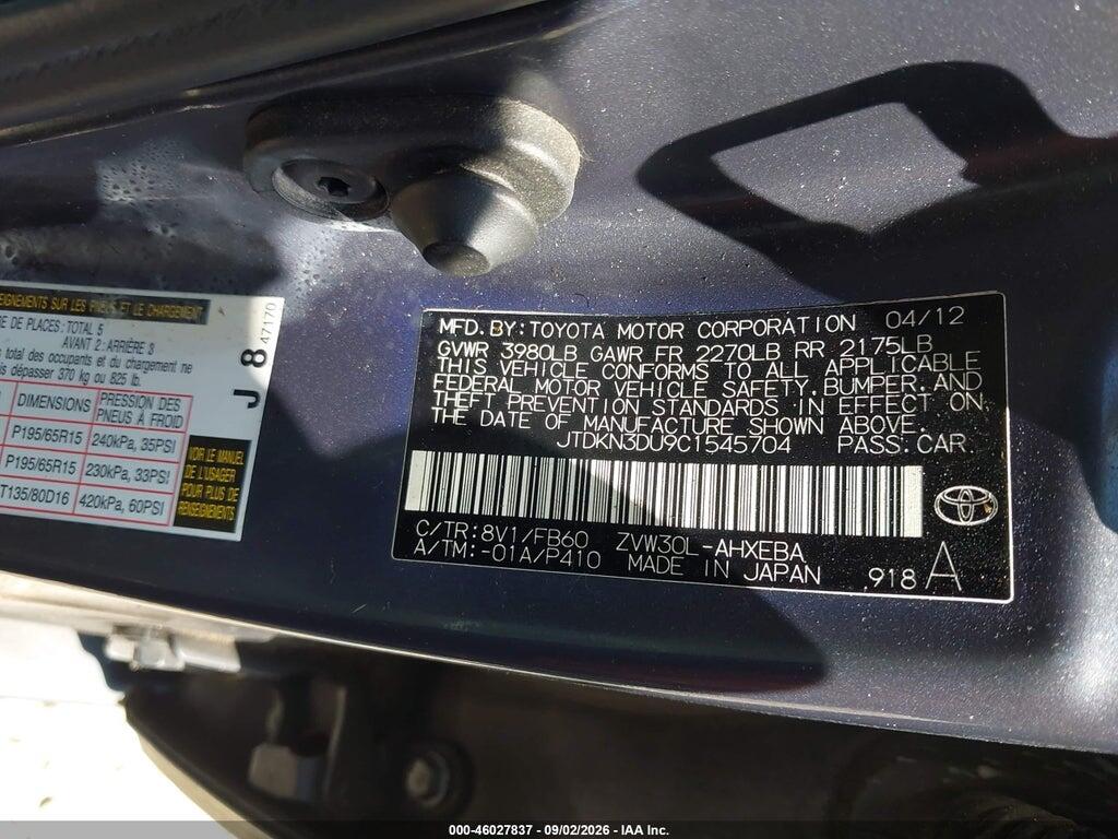 JTDKN3DU9C1545704 2012 TOYOTA PRIUS photo no. 9