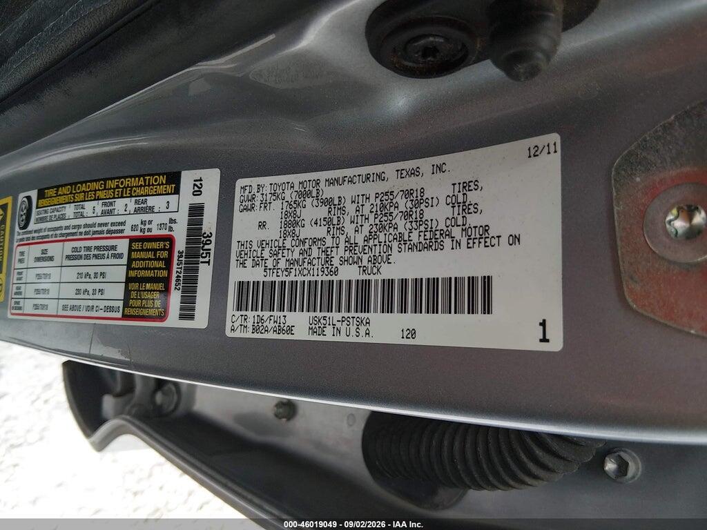 5TFEY5F1XCX119360 2012 TOYOTA TUNDRA photo no. 9