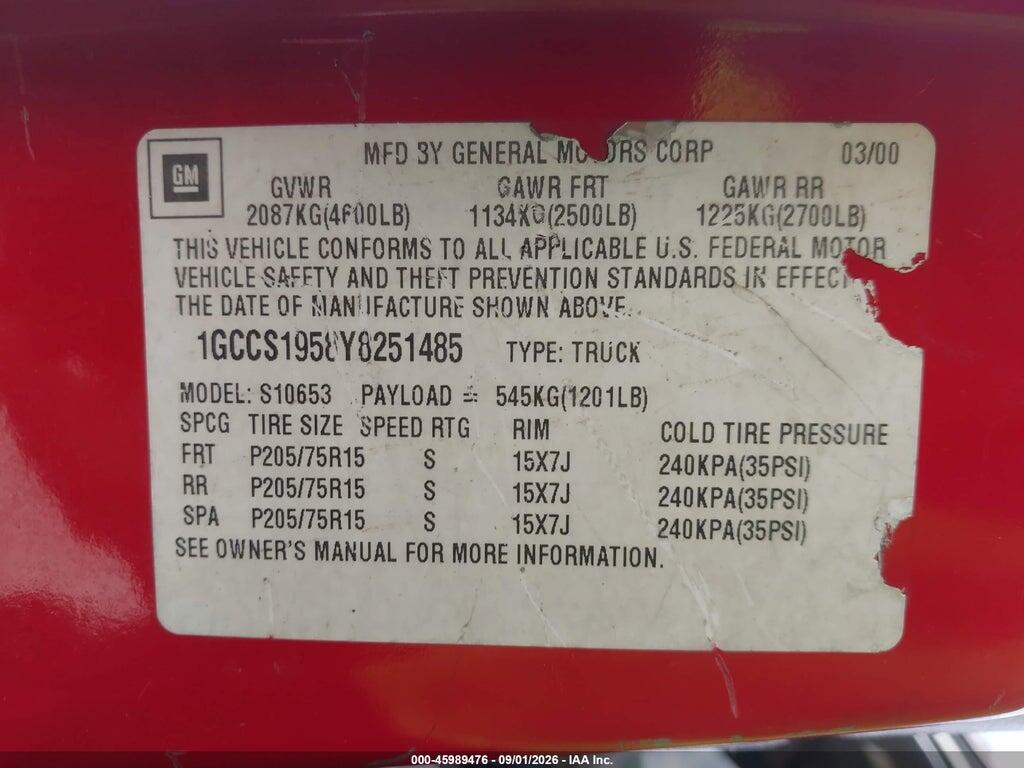1GCCS1958Y8251485 2000 CHEVROLET S-10 photo no. 9
