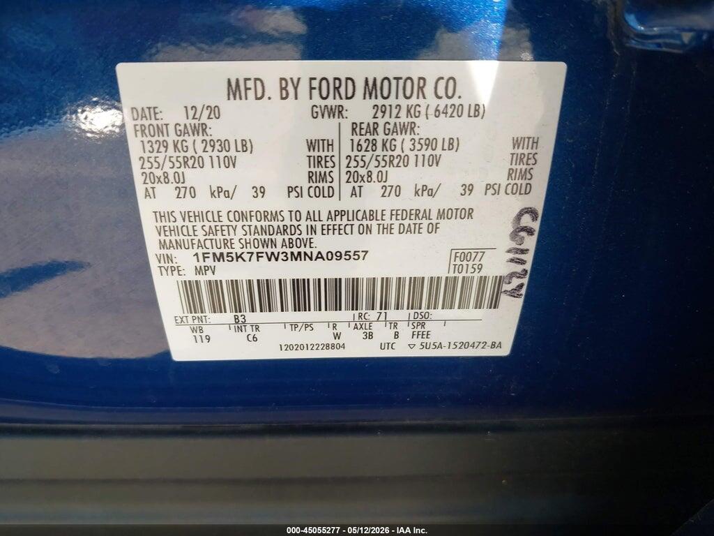 1FM5K7FW3MNA09557 2021 FORD EXPLORER photo no. 9