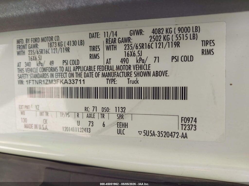 1FTNR1ZM3FKA33711 2015 FORD TRANSIT-250 photo no. 9