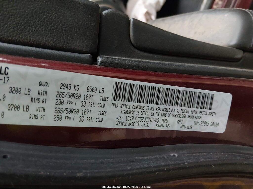 1C4RJECG2JC246705 2018 JEEP GRAND CHEROKEE photo no. 9