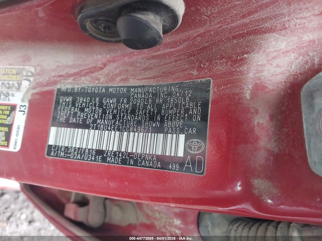 2T1BU4EE1CC849671 2012 TOYOTA COROLLA photo no. 9