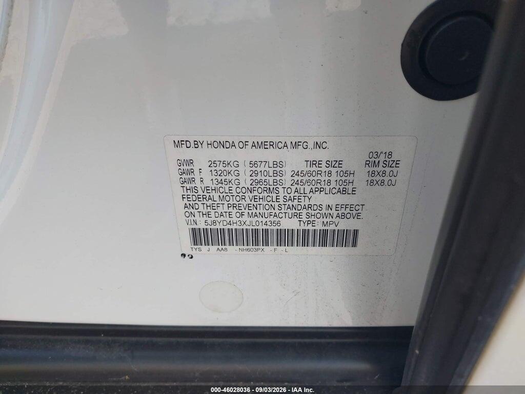5J8YD4H3XJL014356 2018 ACURA MDX photo no. 9